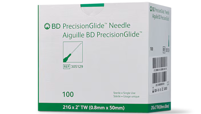 BD PrecisionGlide Hypodermic Needle, Regular Bevel 21G x 2", 100 Count