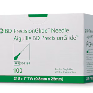 BD PrecisionGlide Hypodermic Needle, Regular Bevel 21G x 1", 100 Count