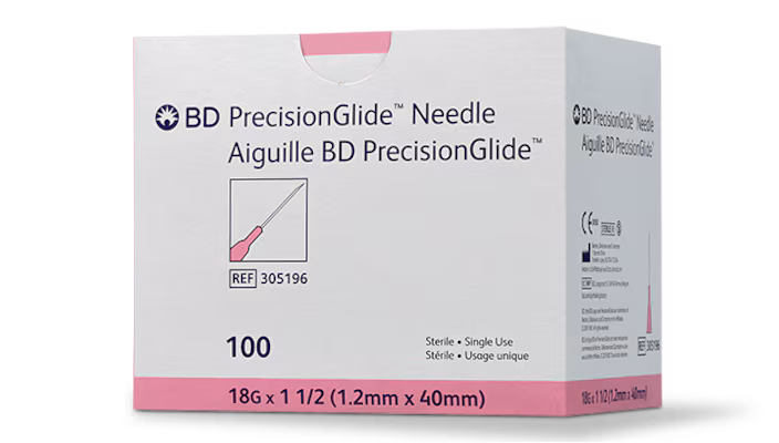 BD PrecisionGlide Hypodermic Needle, Regular Bevel 18G x 1-1/2", 100 Count