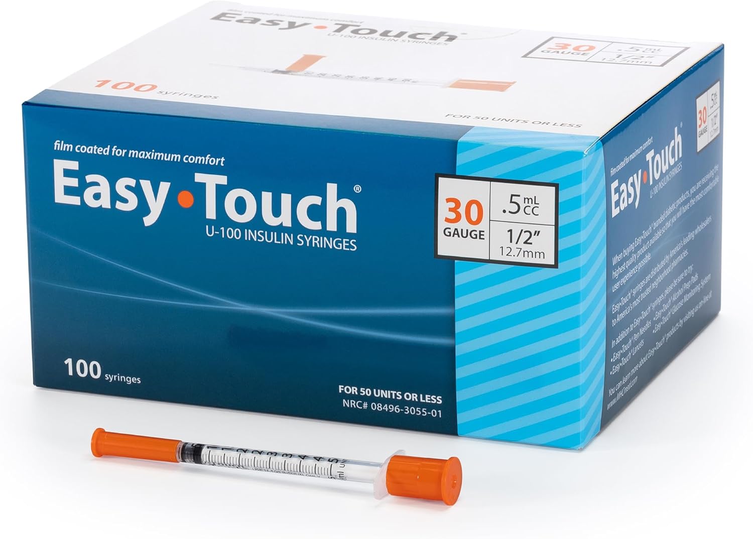 EasyTouch Insulin Syringe 30G x 1/2", 0.5cc, 100 Count