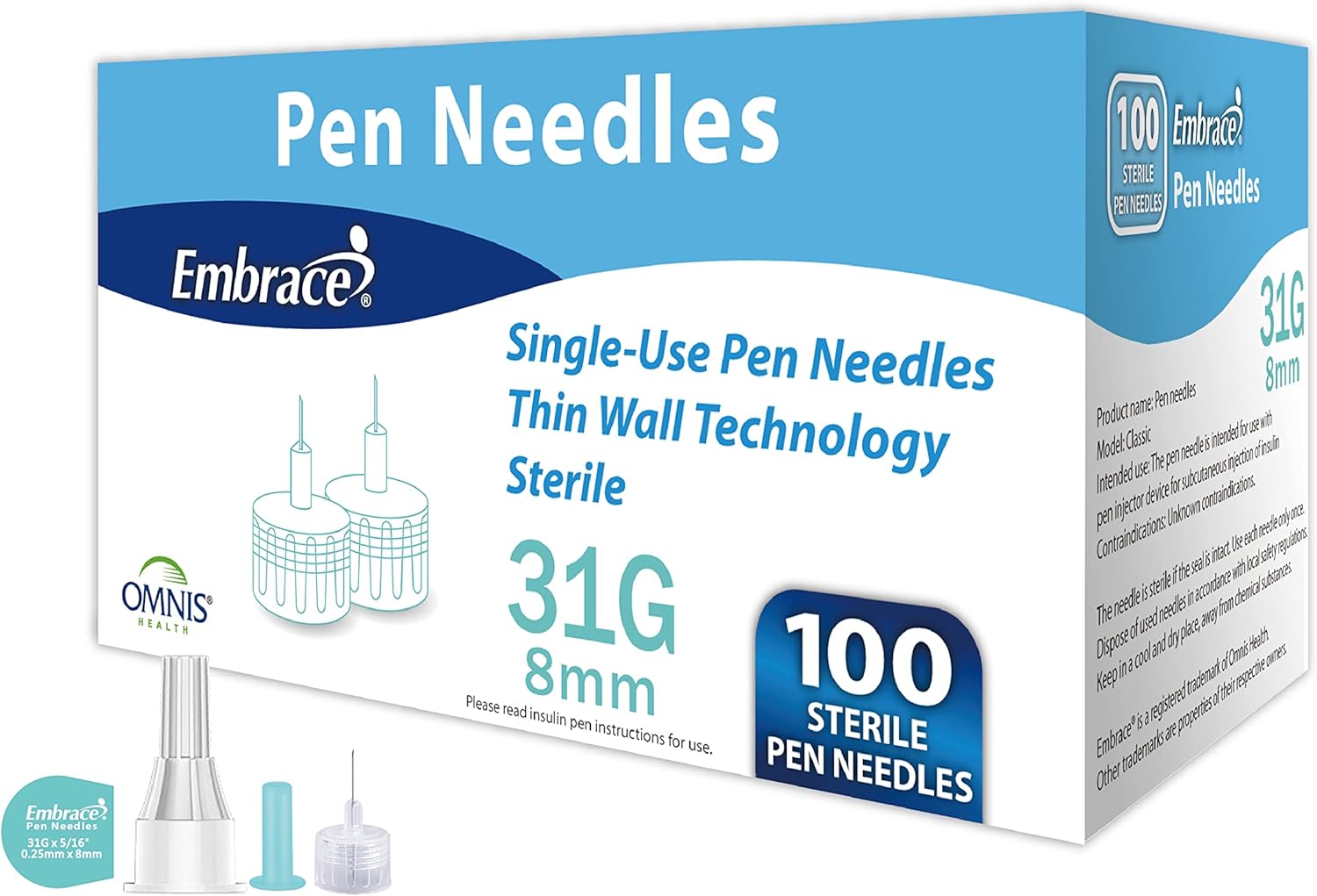 Embrace Pen Needles, 31G x 8mm, 100 Count