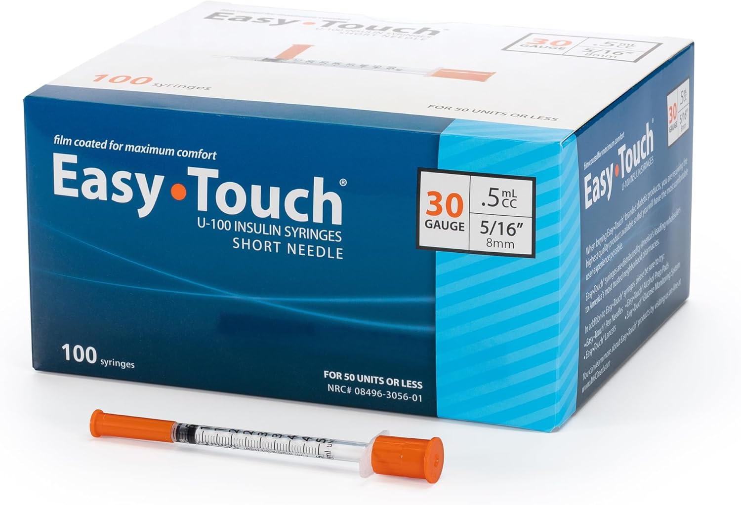 EasyTouch Insulin Syringe 30G x 5/16", 0.5cc, 100 Count
