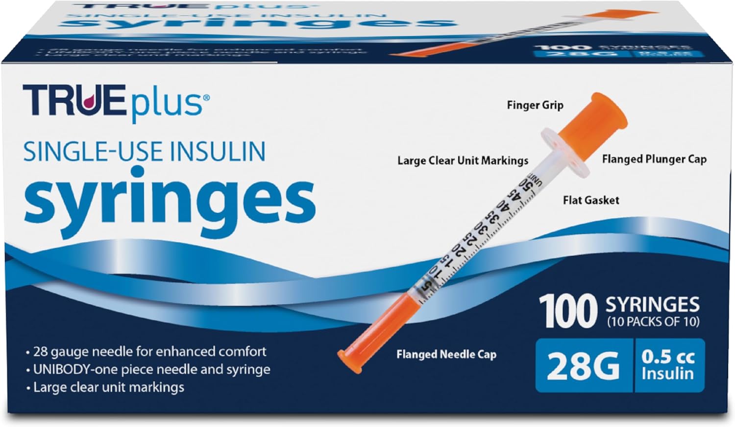 TRUEplus Insulin Syringe 28G x 1/2", 0.5cc, 100 Count