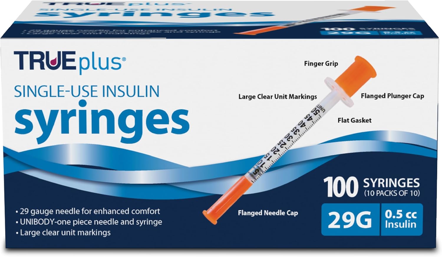 TRUEplus Insulin Syringe 29G x 1/2", 0.5cc, 100 Count