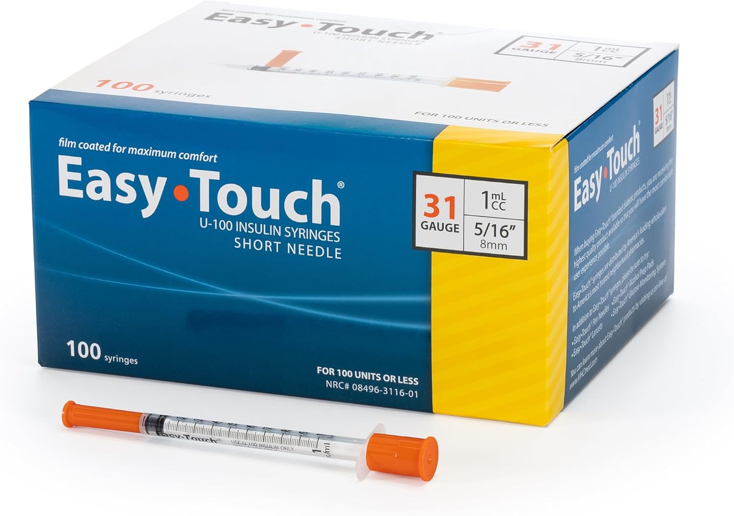 EasyTouch Insulin Syringe 31G x 5/16", 1.0cc, 100 Count