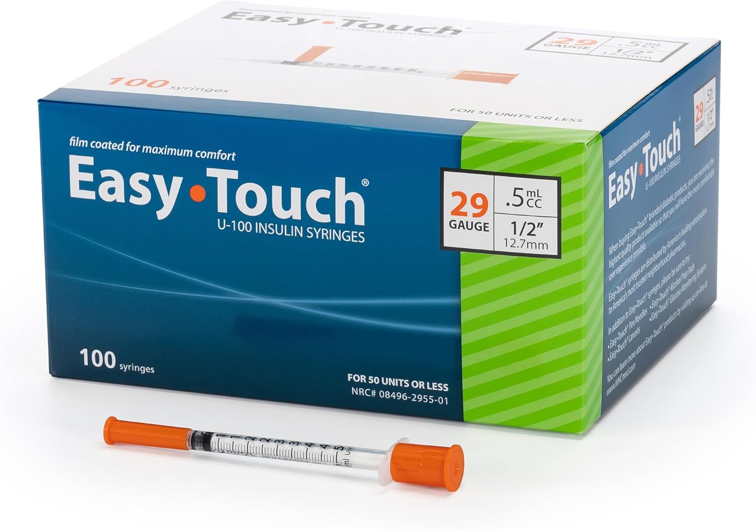 EasyTouch Insulin Syringe 29G x 1/2", 0.5cc, 100 Count
