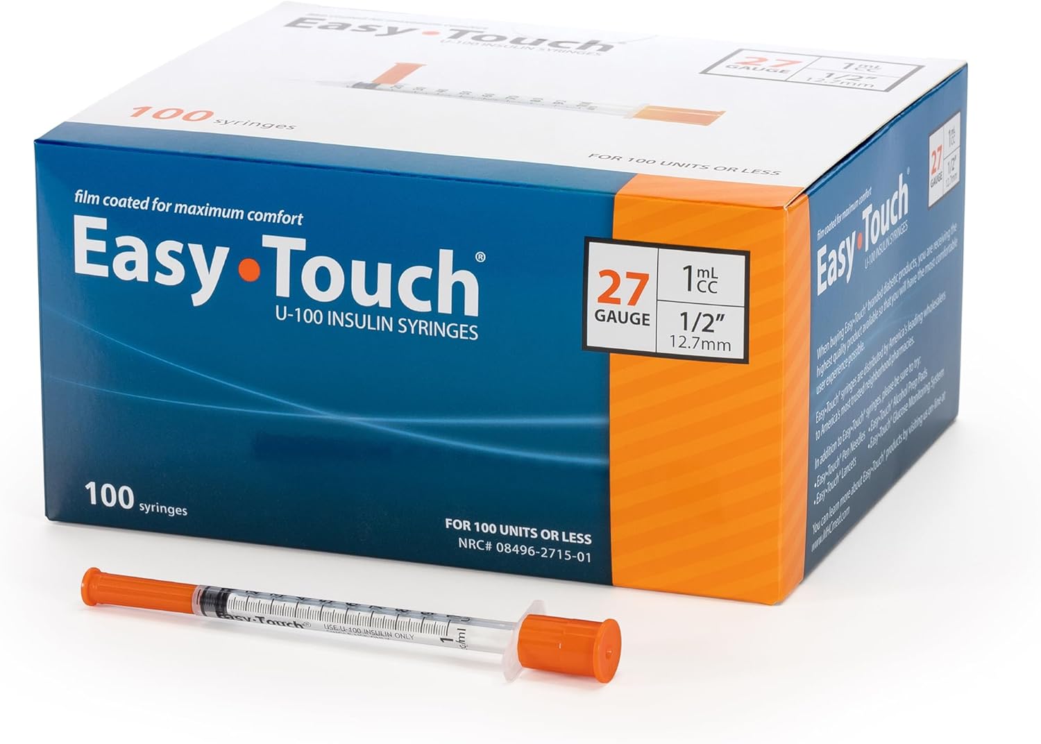 EasyTouch Insulin Syringe 27G x 1/2", 1.0cc, 100 Count
