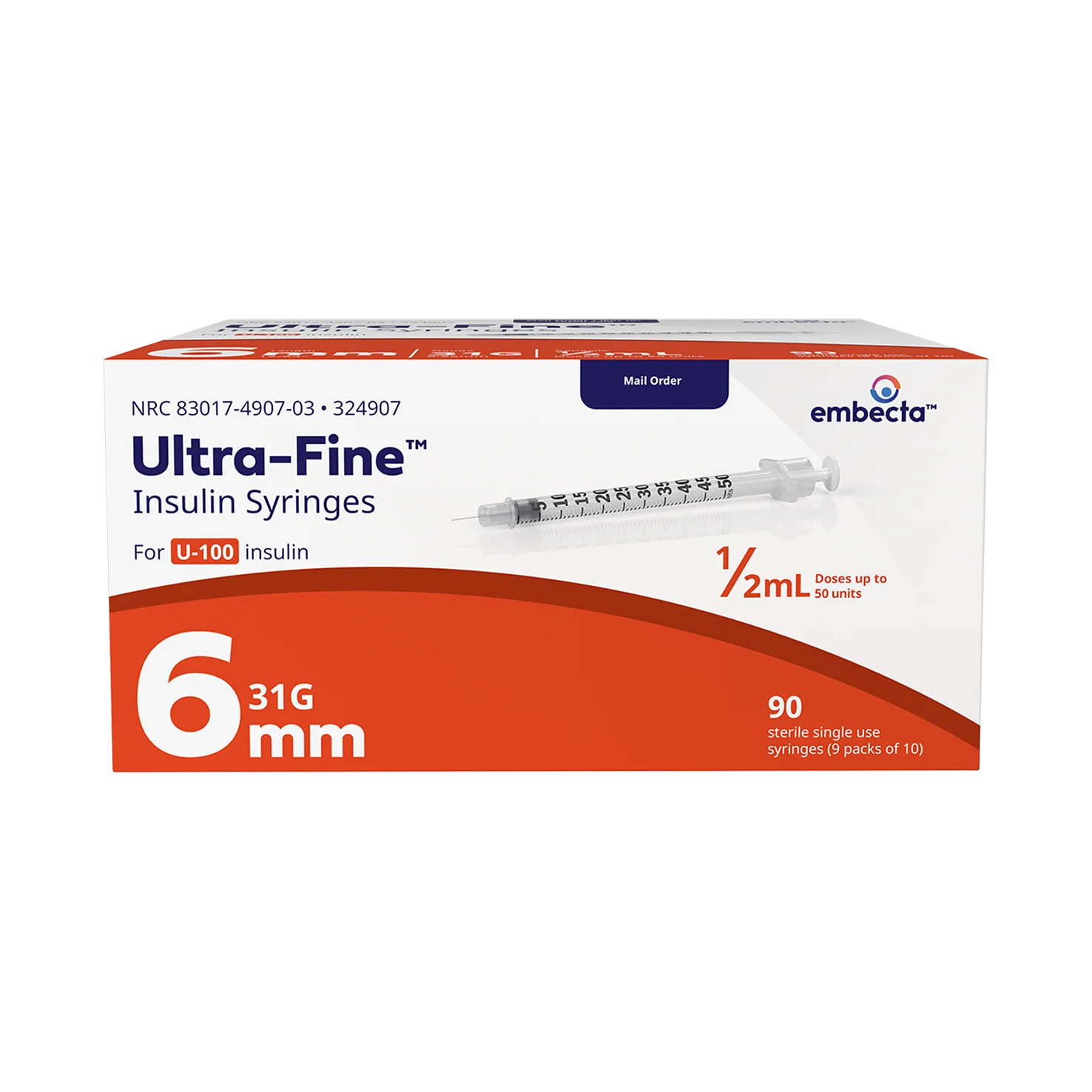 BD Embecta Ultra-Fine Insulin Syringe 31G x 6mm, 0.5cc, 90 Count