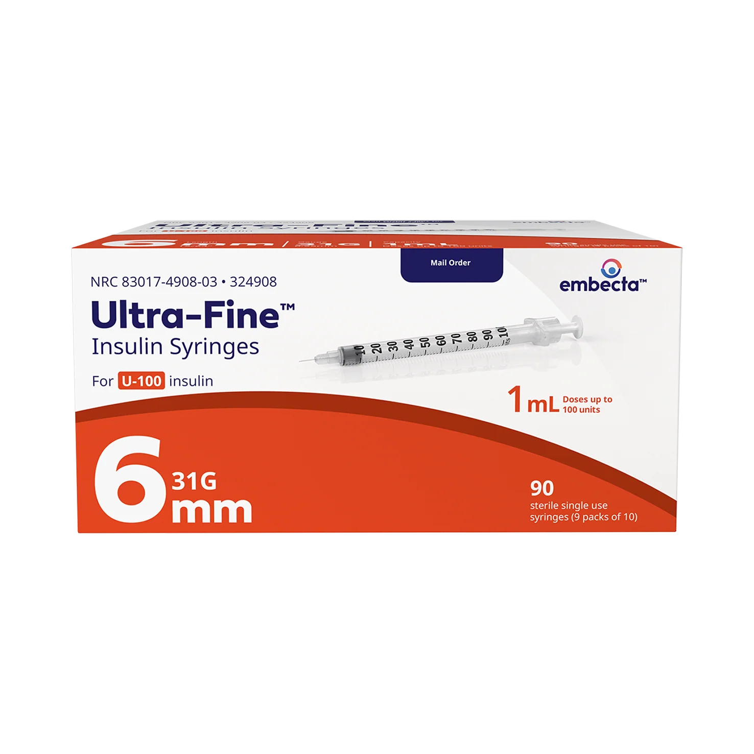 BD Embecta Ultra-Fine Insulin Syringe 31G x 6mm, 1.0cc, 90 Count