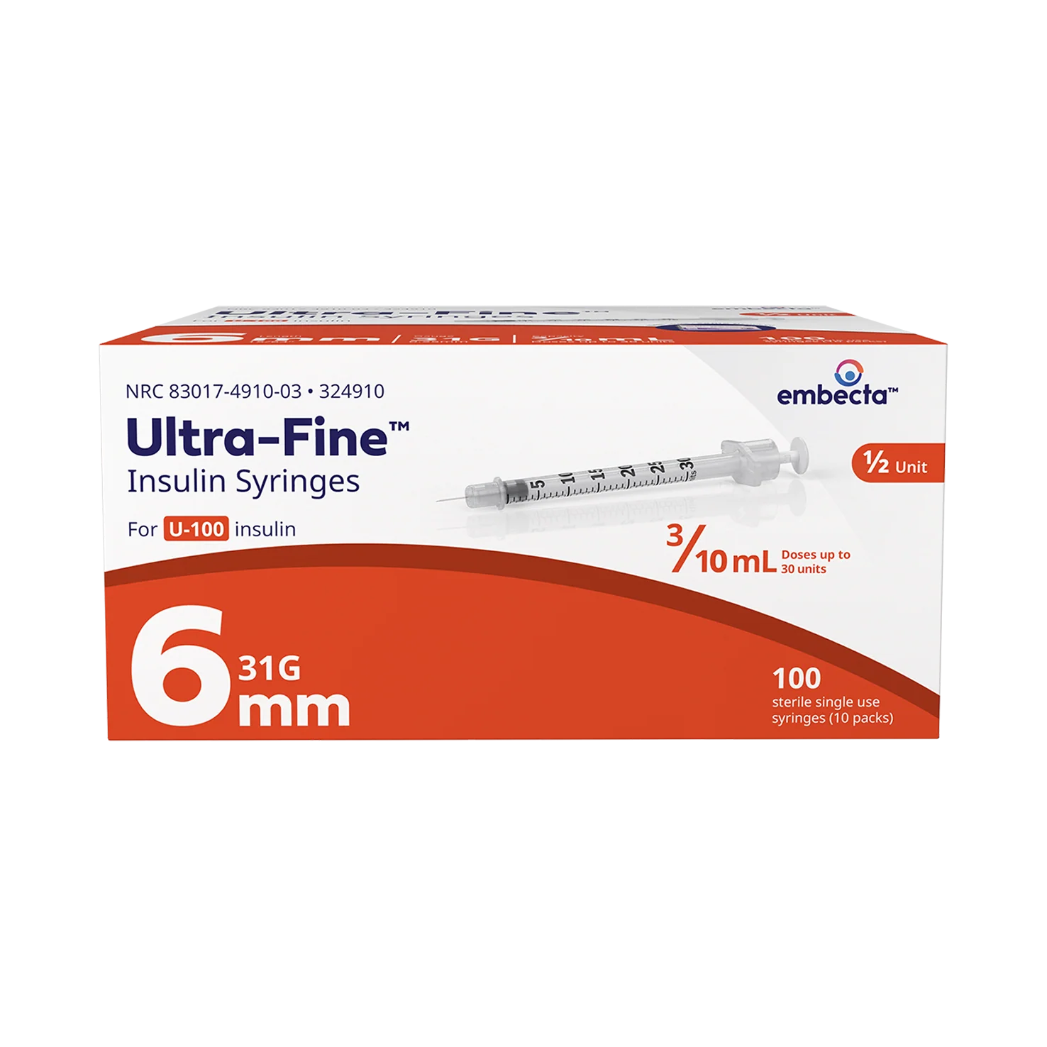 BD Embecta Ultra-Fine Insulin Syringe with Half-Unit Scale, 31G x 6mm, 0.3cc