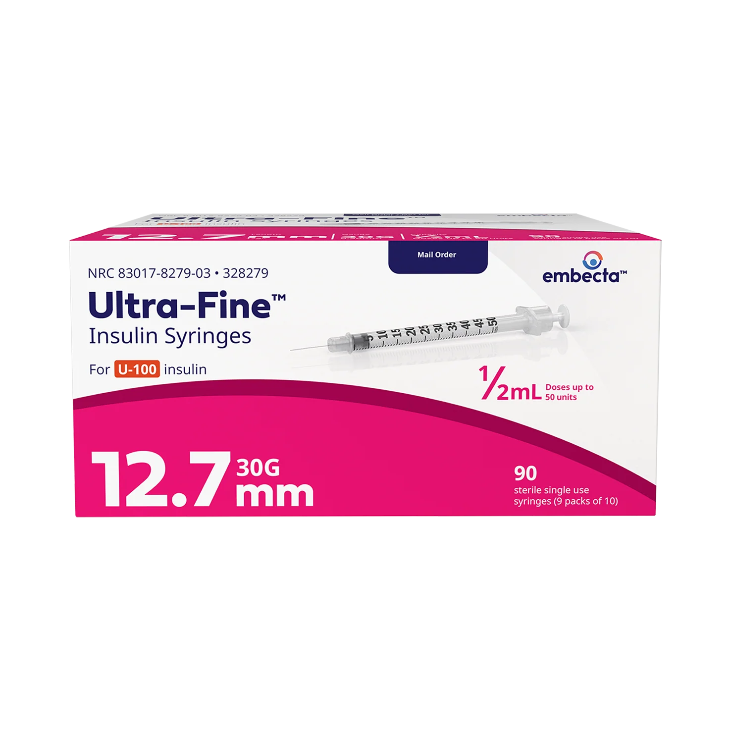BD Embecta Ultra-Fine Insulin Syringe 30G x 1/2", 0.5cc, 90 Count