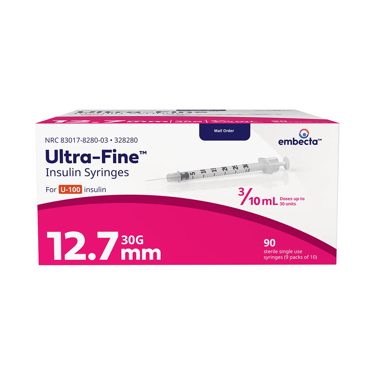 BD Embecta Ultra-Fine Insulin Syringe 30G x 1/2", 0.3cc, 90 Count