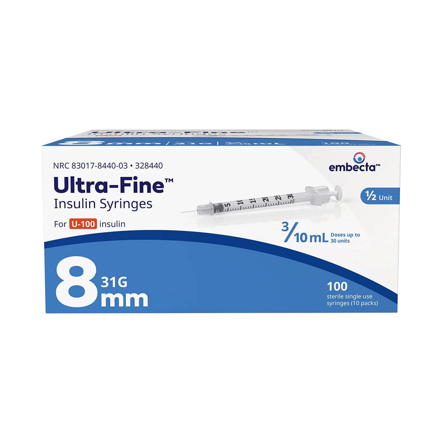 BD Embecta Ultra-Fine II Insulin Syringe with 1/2 Unit Markings 31G x 5/16", 0.3cc, 100 Count